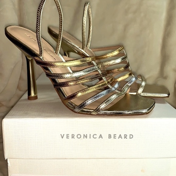 ‼️NWT $375.00 Veronica Beard Aldridge Metallic Leather Slingback Sandals - Picture 1 of 12